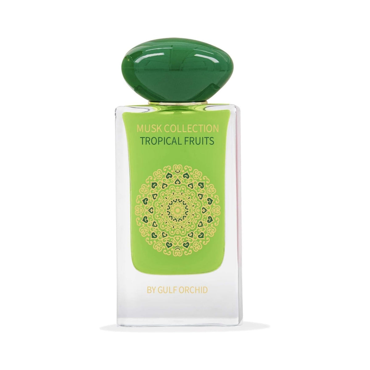 Refect Beauty Gulf Orchid Musk Collection Tropical Fruits perfume in a clear glass bottle with a green cap.