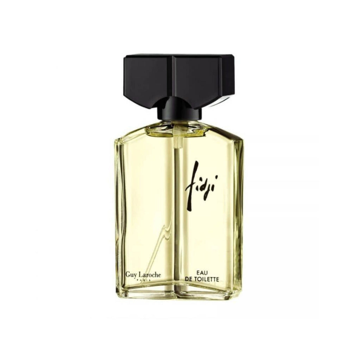 Refect Beauty Guy Laroche Fidji Eau de Toilette in a clear glass bottle with a black cap and golden fragrance liquid.