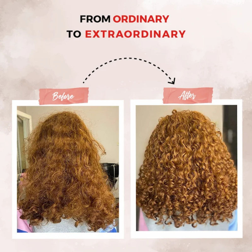 Refect Beauty Hair Addict Bubble Trouble conditioner before and after results showing smoother, defined curly hair