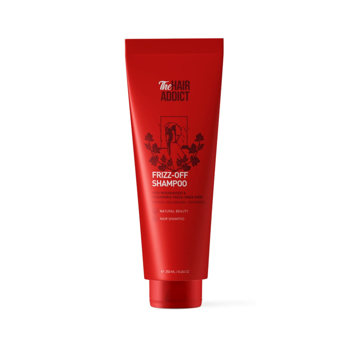 Refect Beauty Hair Addict Frizz Off Shampoo in a red 250ml squeeze tube for smoothing and hydrating unruly hair.