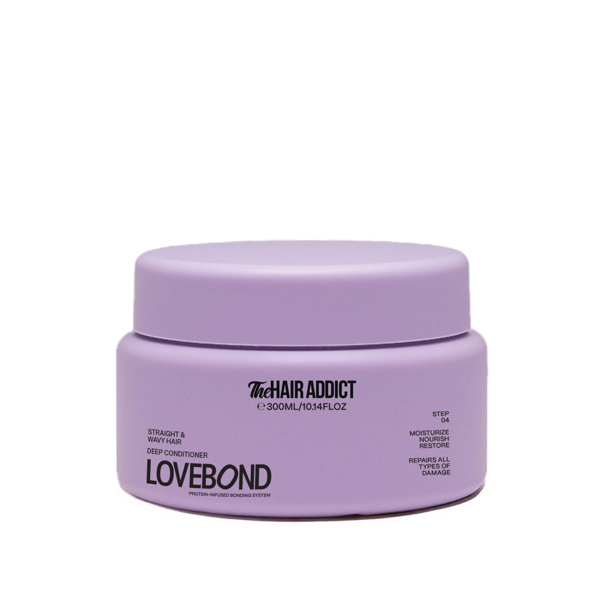Refect Beauty Hair Addict Lovebond deep conditioner in a light purple 300ml jar for damaged and dry hair treatment.