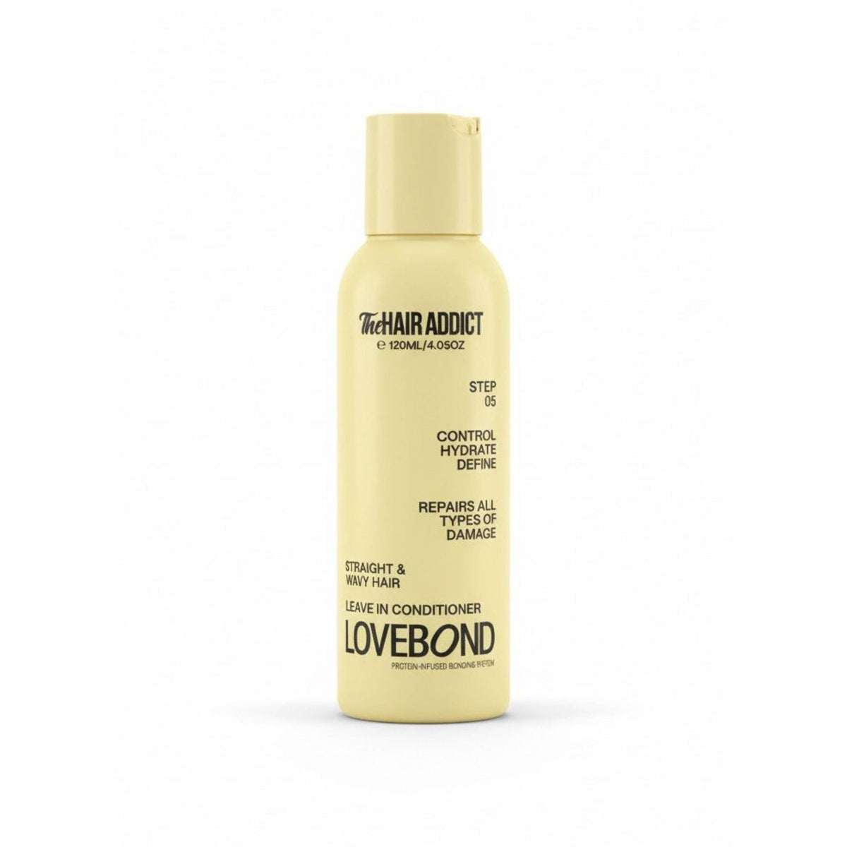 Refect Beauty Hair Addict Lovebond leave-in conditioner bottle in a pale yellow container for hair hydration.