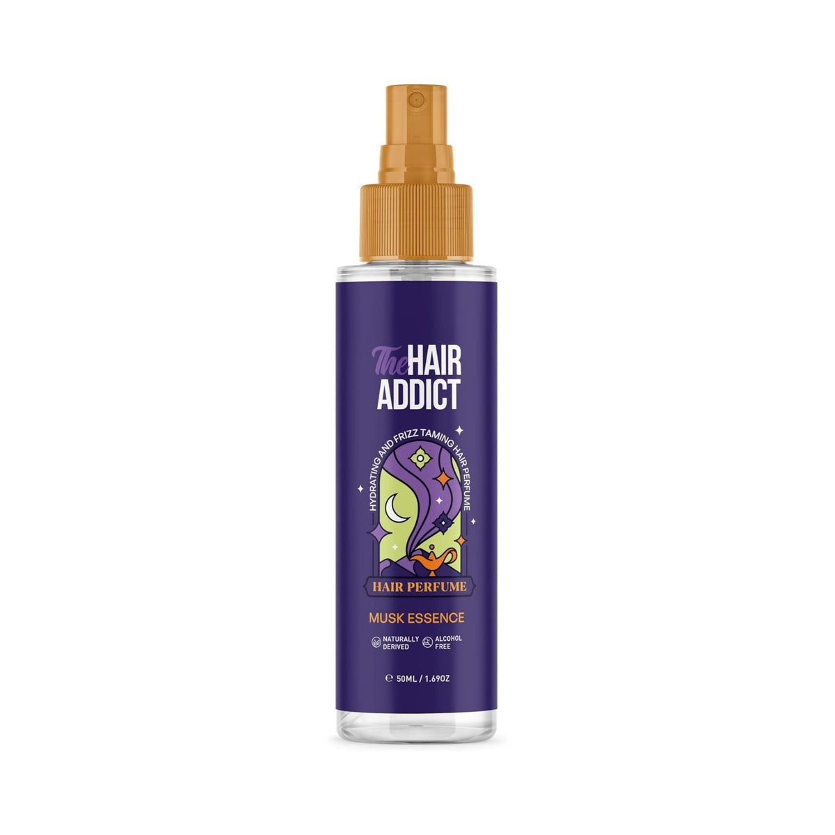 Refect Beauty The Hair Addict Musk Essence hair perfume mist in a clear bottle with a gold spray nozzle.