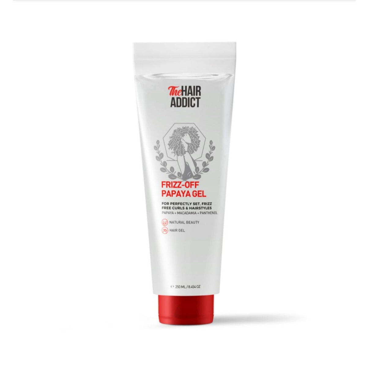 Refect Beauty Hair Addict Frizz Off Papaya Gel in a white tube with a red cap for frizz control and curly hair