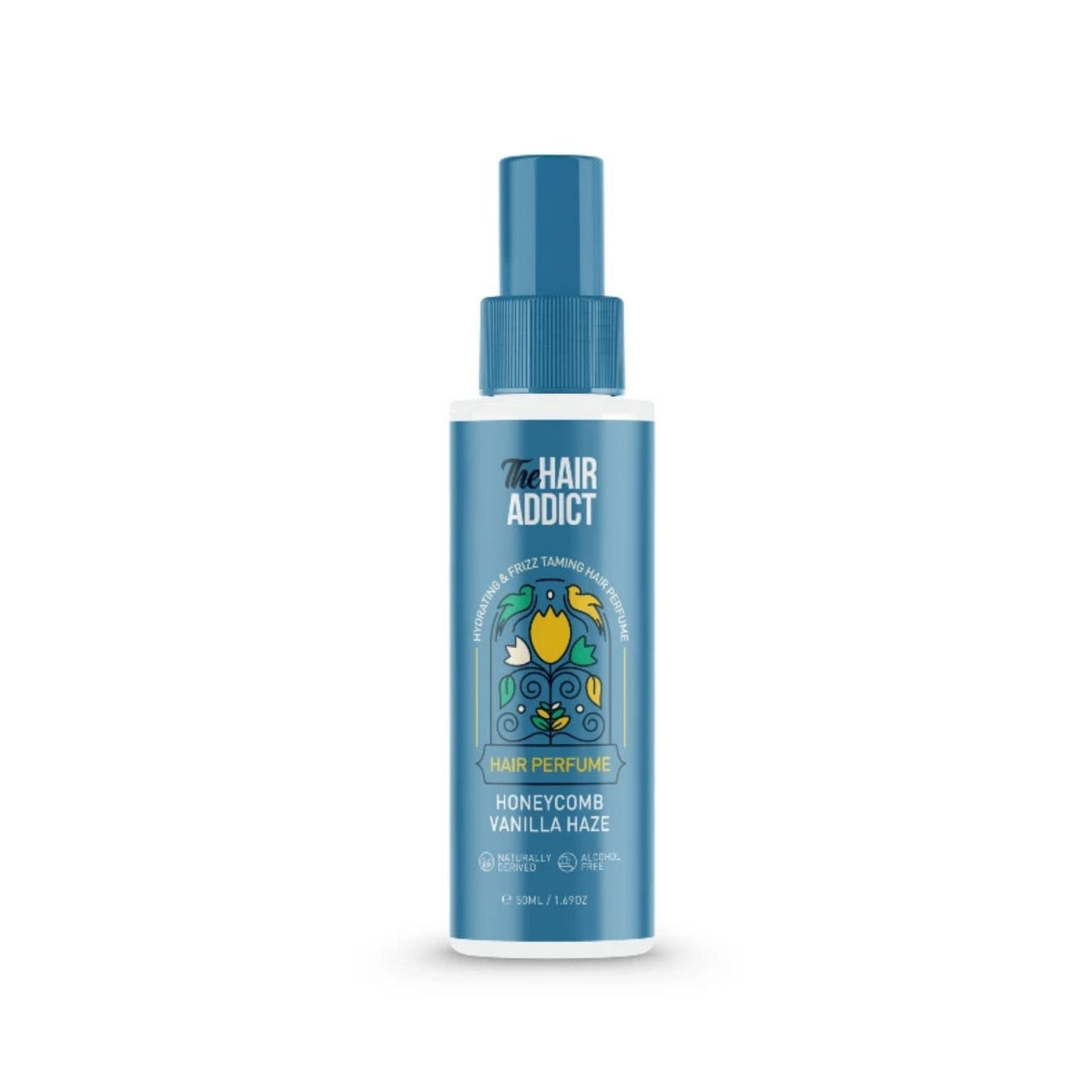 Refect Beauty Hair Addict Honeycomb Vanilla Haze hair perfume mist in a blue spray bottle with floral label design.