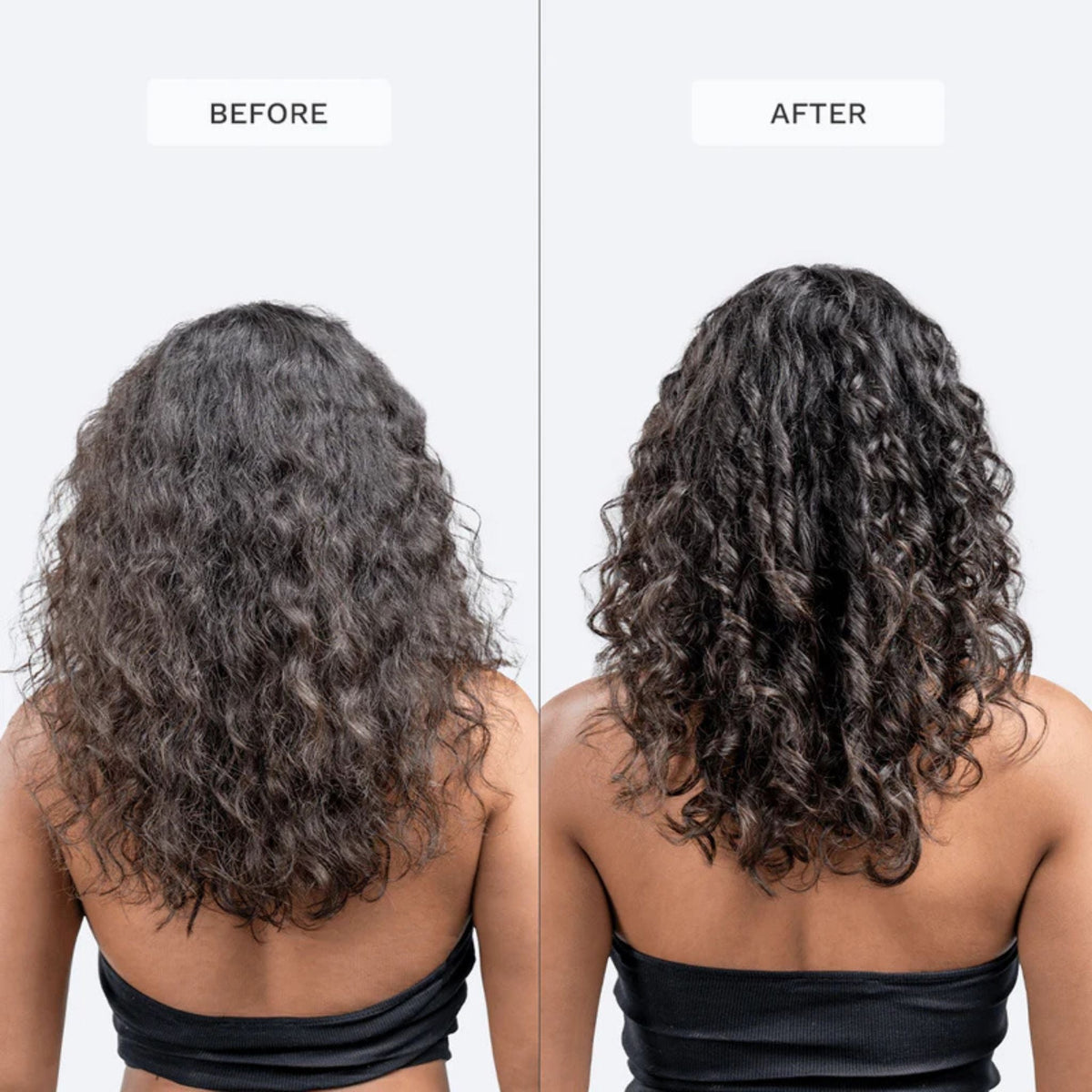 Refect Beauty Hair Burst conditioner before and after results showing defined, frizz-free, and hydrated curly hair.