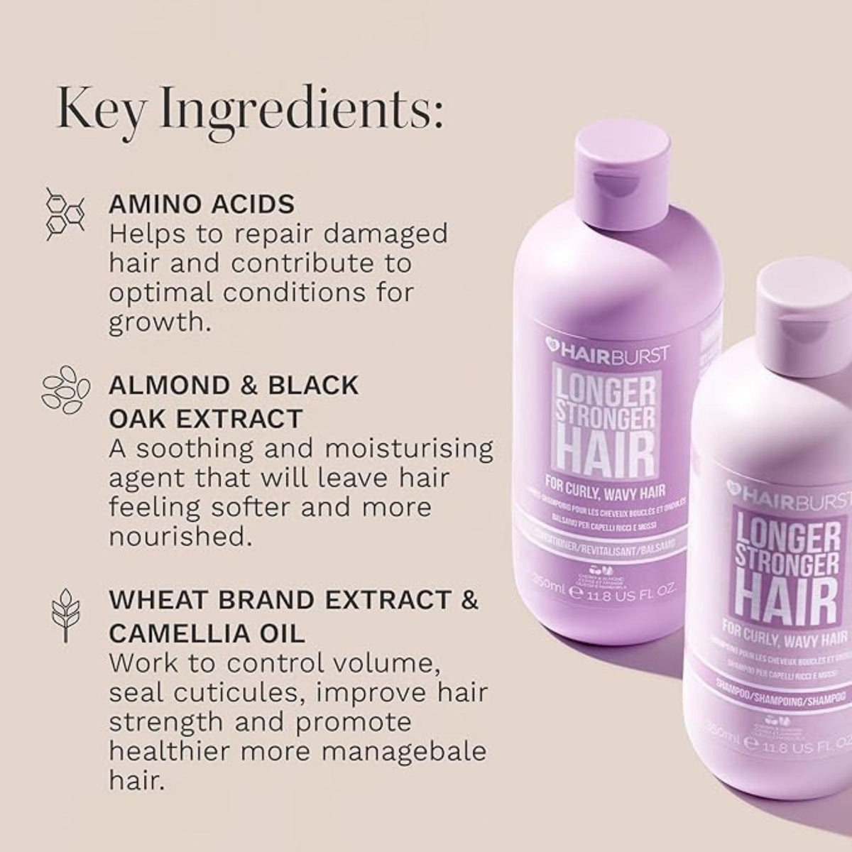 Refect Beauty Hair Burst shampoo and conditioner set for curly and wavy hair in light purple bottles with ingredients