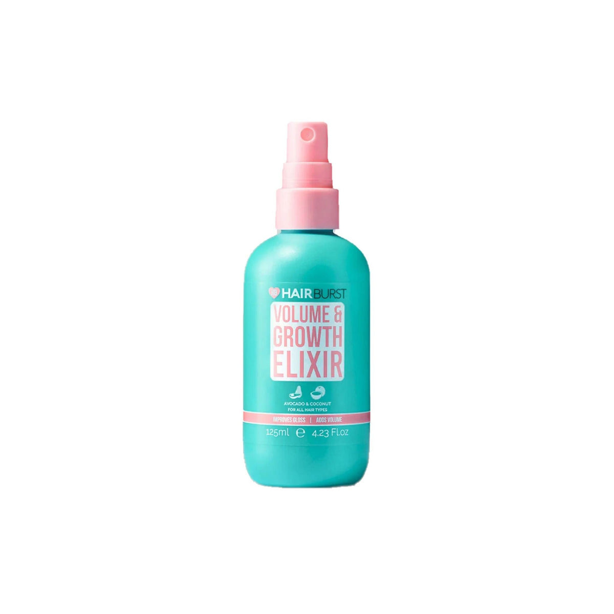 Refect Beauty Hair Burst Volume & Growth Elixir in a turquoise spray bottle with a pink cap for hair volumizing.