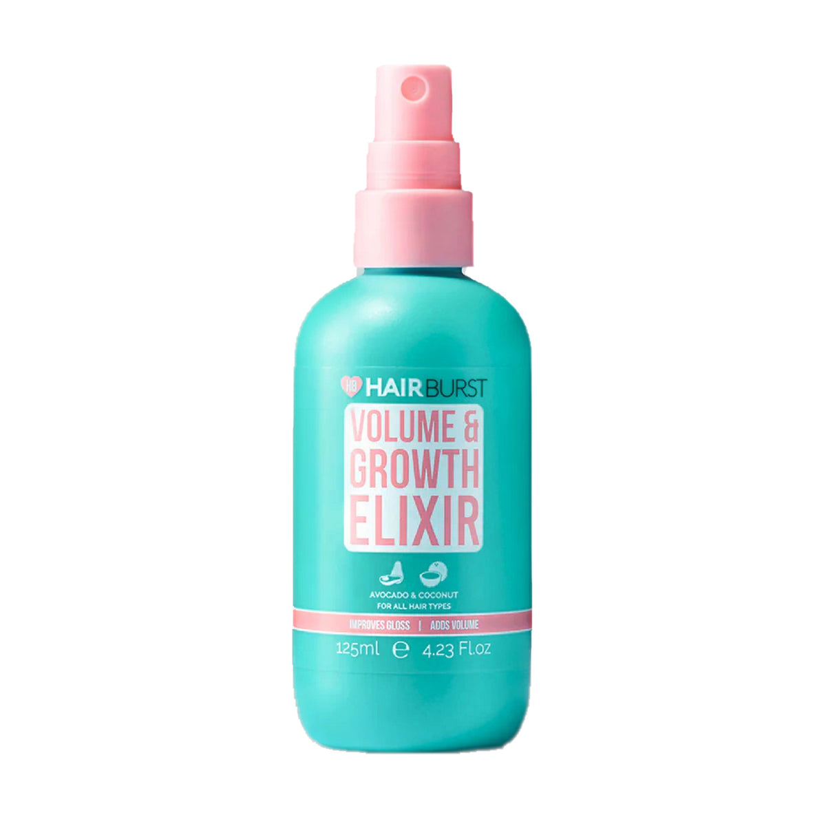 Refect Beauty Hair Burst Volume & Growth Elixir spray bottle in turquoise with a pink cap for hair density.