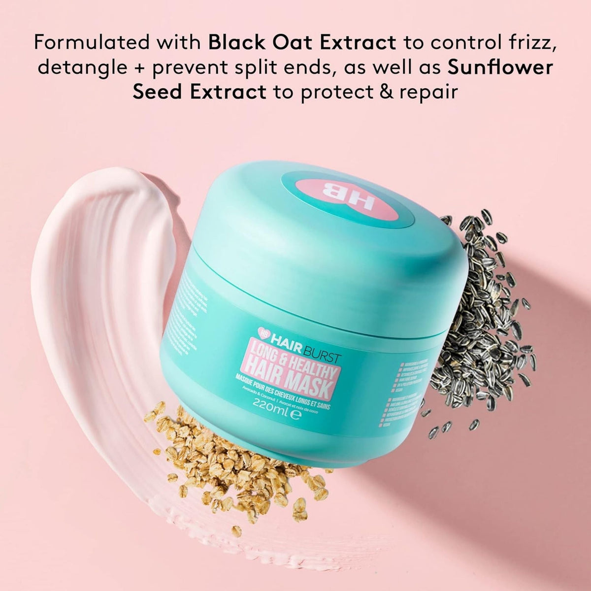 Refect Beauty Hair Burst Long & Healthy Hair Mask in a teal jar with cream texture, sunflower seeds, and oat grains.