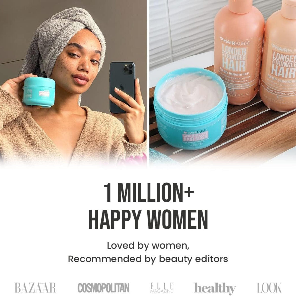Refect Beauty Hair Burst deep conditioning hair mask in a bright blue jar held by a woman in a towel