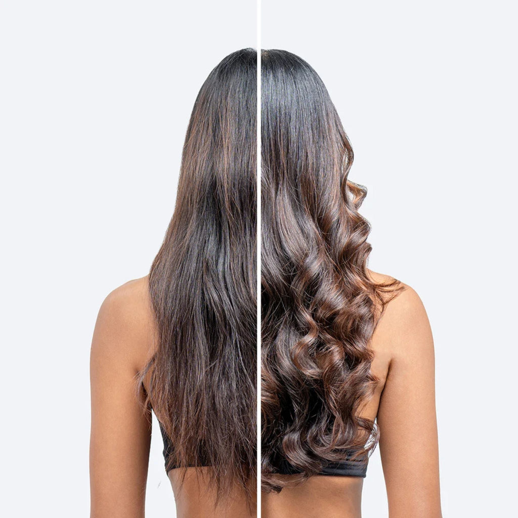 Refect Beauty Hair Burst shampoo and conditioner set showing a before and after comparison of healthy, shiny hair.
