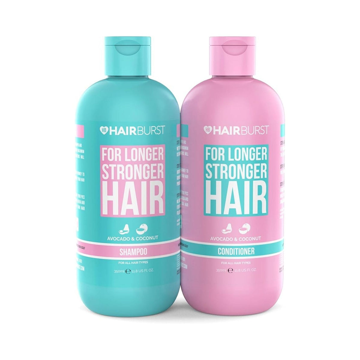 Refect Beauty Hair Burst shampoo and conditioner set in blue and pink bottles for stronger, longer hair growth.