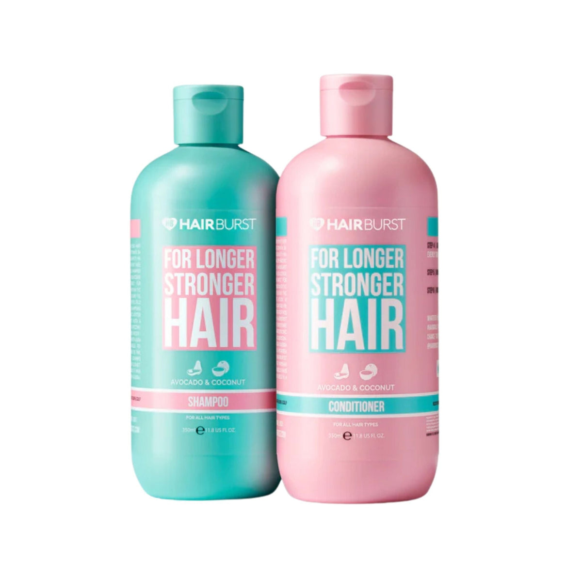 Refect Beauty Hair Burst shampoo and conditioner set in teal and pink bottles for longer, stronger hair.