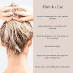 Refect Beauty Hair Burst shampoo and conditioner usage instructions with a woman applying product to wet hair