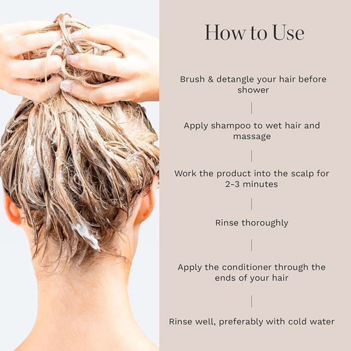 Refect Beauty Hair Burst shampoo and conditioner usage instructions with a woman applying product to wet hair