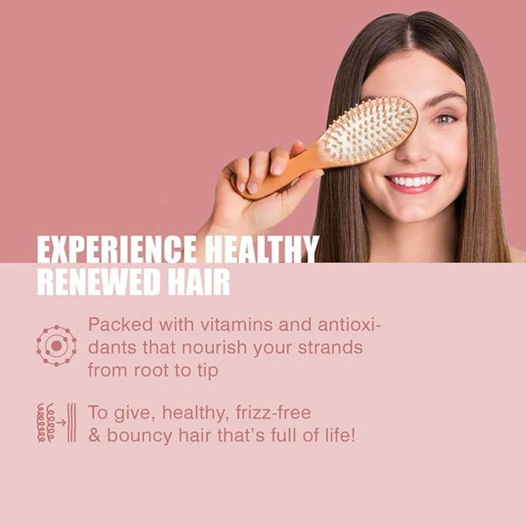 Refect Beauty promotional graphic featuring a woman holding a wooden hairbrush to promote healthy hair care