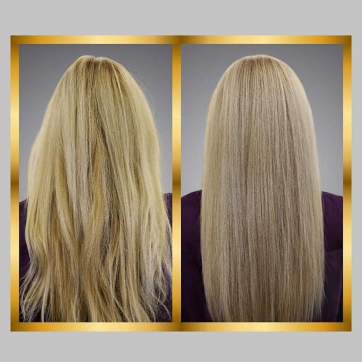 Refect Beauty before and after comparison showing hair neutralized from yellow tones to bright silver and blonde