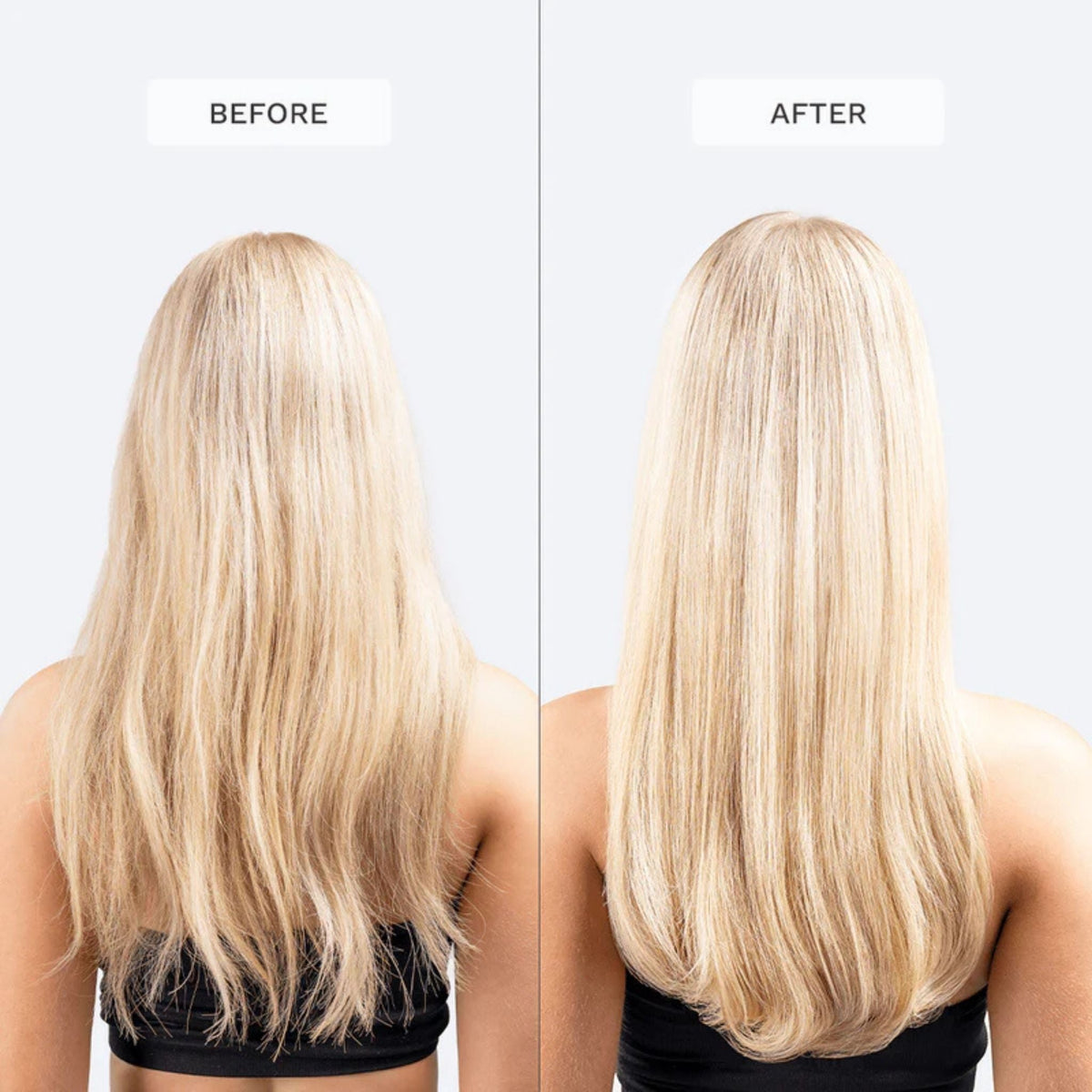 Refect Beauty hair conditioner results showing blonde hair before and after treatment for smoothness and shine