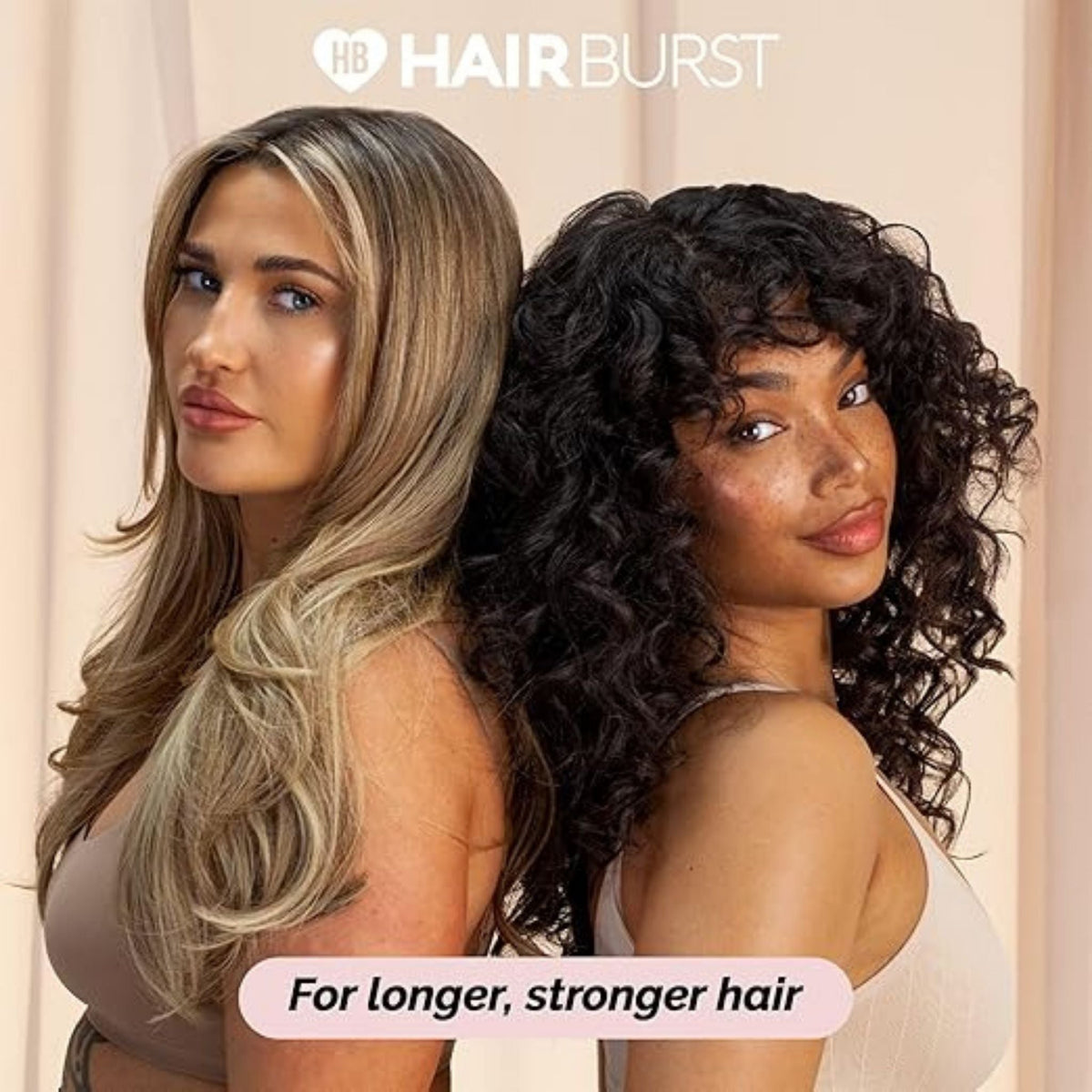 Refect Beauty Hair Burst volume and growth elixir treatment shown with two women with healthy, voluminous hair