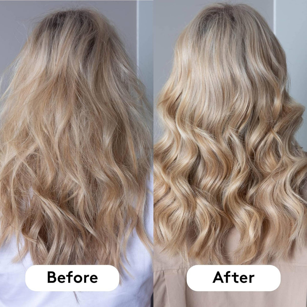 Refect Beauty Hair Burst mask before and after results showing smoother, shinier, and healthier blonde hair