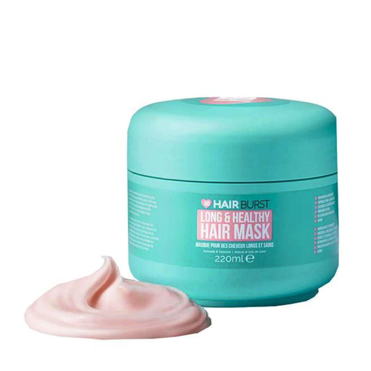 Refect Beauty Hair Burst Long & Healthy hair mask in a teal jar with a dollop of pink cream treatment in front