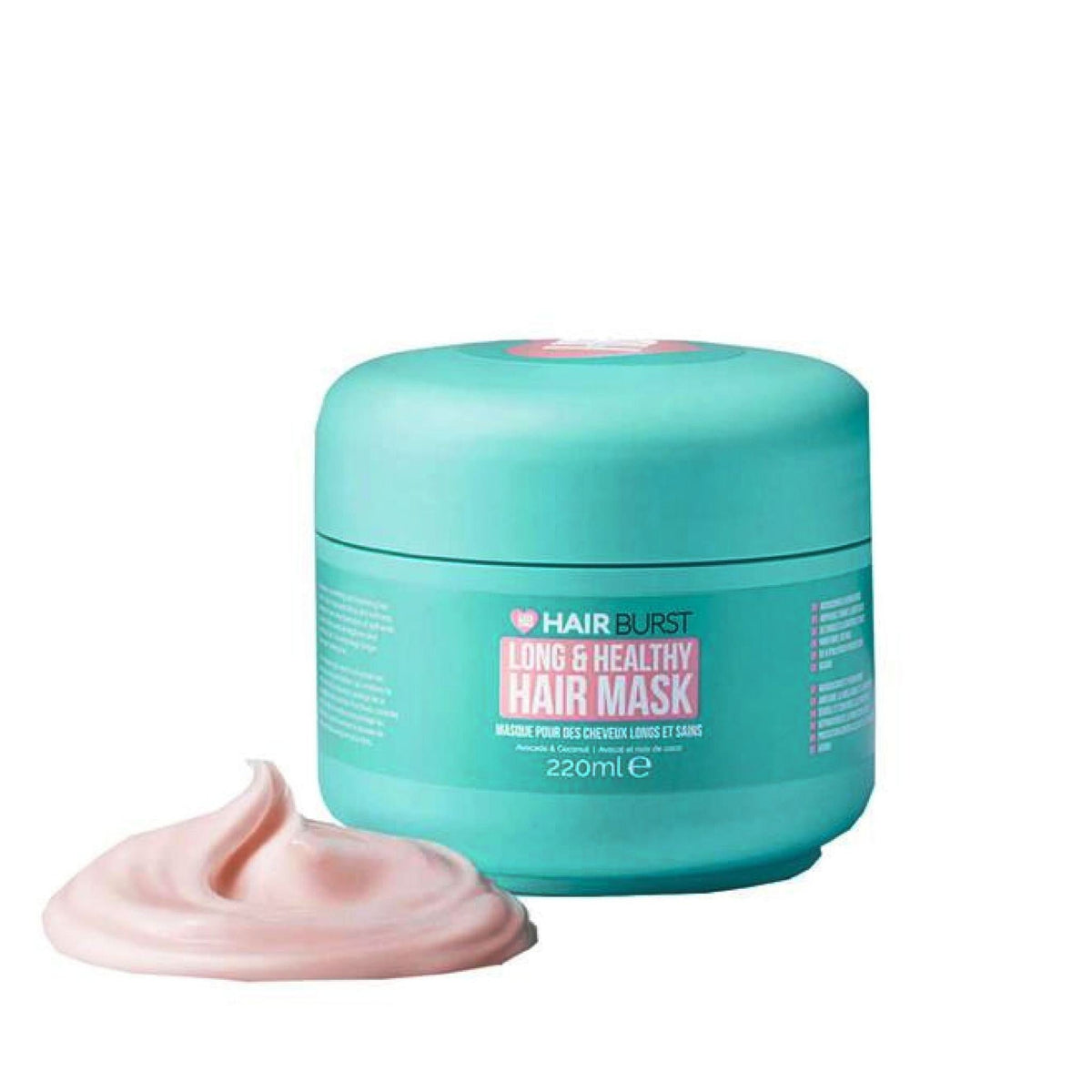 Refect Beauty Hair Burst Long & Healthy hair mask in a teal jar with a dollop of pink cream treatment in front.