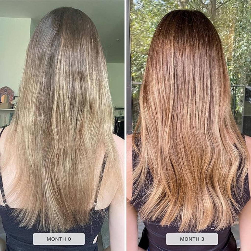 Refect Beauty before and after results of Hair Burst shampoo and conditioner showing smoother, healthier hair