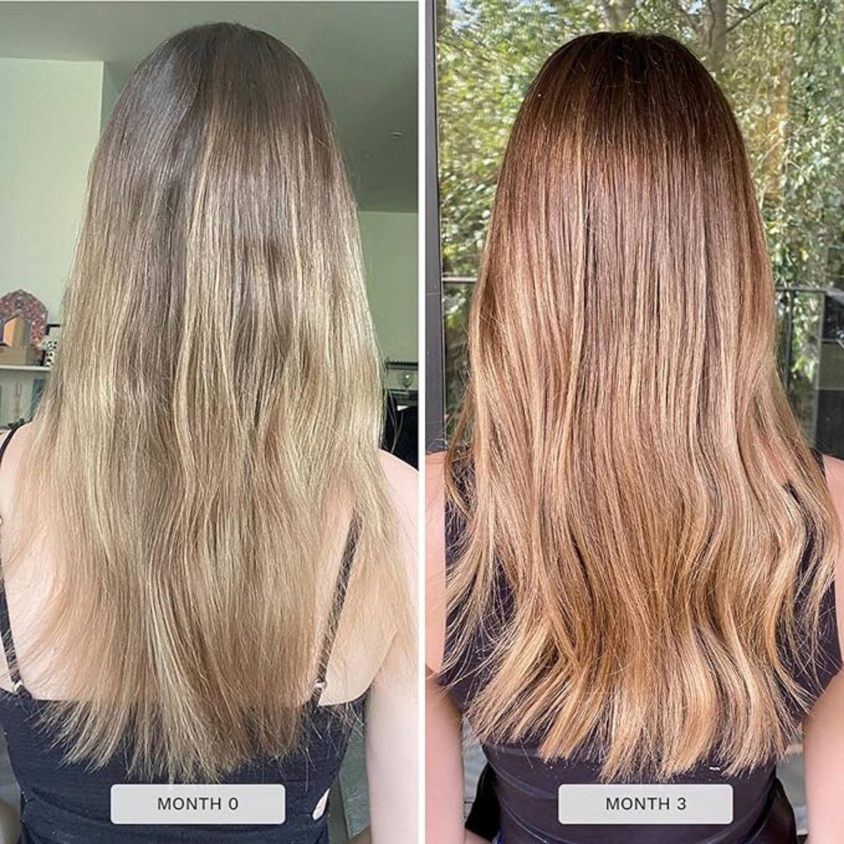 Refect Beauty before and after results of Hair Burst shampoo and conditioner showing smoother, healthier hair