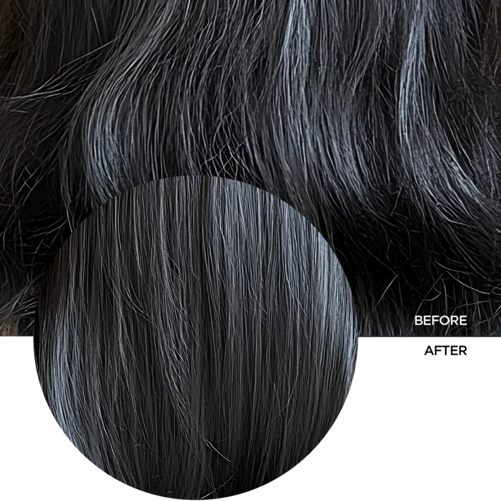 Refect Beauty comparison showing dark hair before and after using Revox B77 Plex Bond Care Conditioner for smoothness