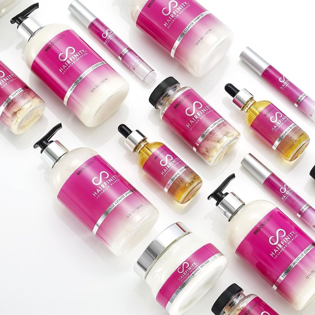 Refect Beauty Hairfinity hair care collection featuring shampoos, conditioners, oils, and supplements on white.