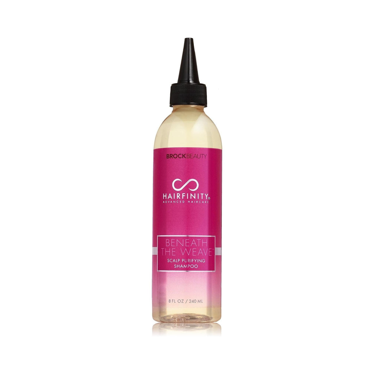 Refect Beauty Hairfinity Beneath the Weave Scalp Purifying Shampoo in a clear bottle with a pink label and nozzle tip.