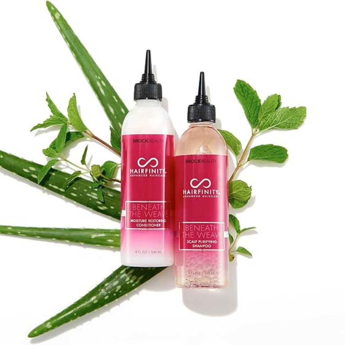 Refect Beauty Hairfinity Beneath the Weave scalp purifying shampoo and conditioner bottles with aloe and mint leaves.