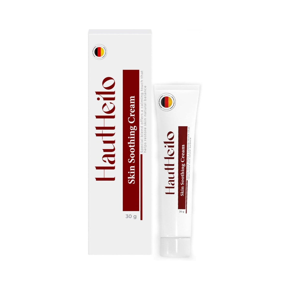 Refect Beauty HautHeilo soothing and repair cream in a white and maroon tube with matching product packaging box