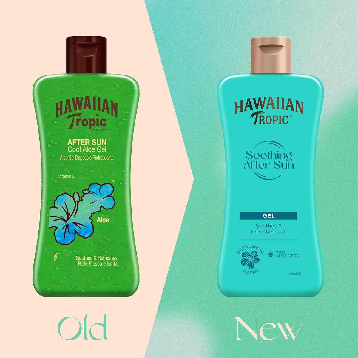 Refect Beauty Hawaiian Tropic after sun cooling gel bottles showing old green and new turquoise packaging design