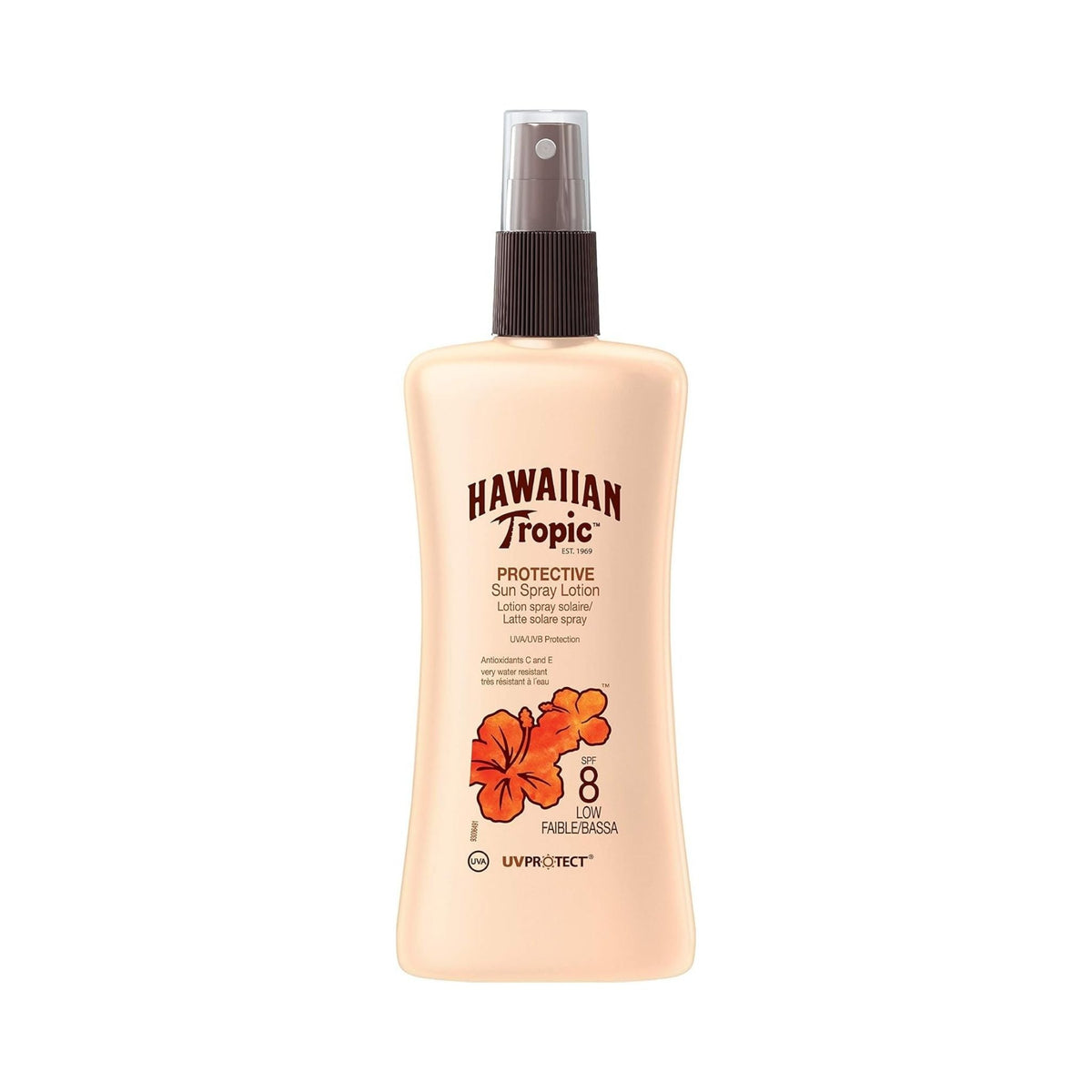 Refect Beauty Hawaiian Tropic Satin Protection SPF 8 sunscreen spray bottle with a hibiscus flower design