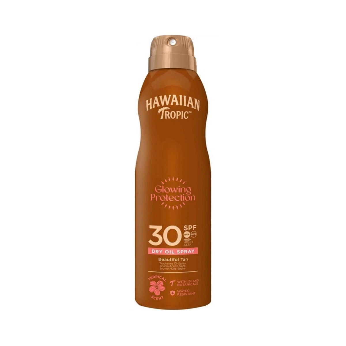 Refect Beauty Hawaiian Tropic Glowing Protection SPF 30 dry oil sunscreen spray bottle for radiant skin protection