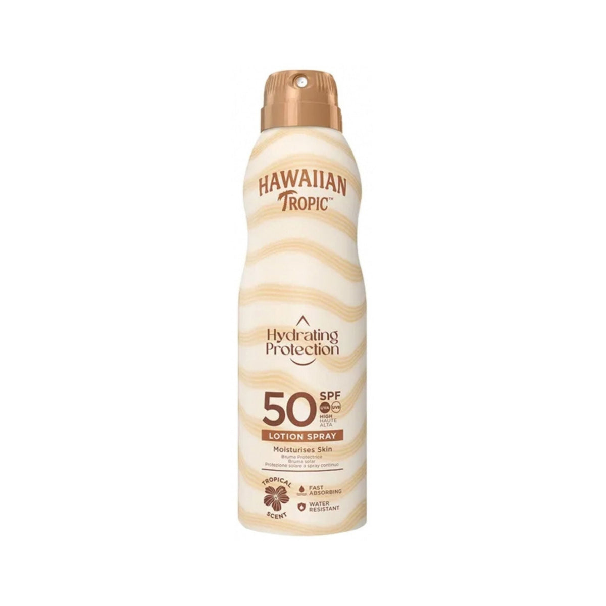 Refect Beauty Hawaiian Tropic SPF 50 hydrating sunscreen lotion spray in a beige bottle with tropical branding