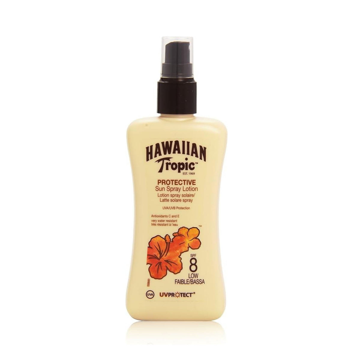 Refect Beauty Hawaiian Tropic protective sun spray lotion with SPF 8 in a beige bottle with hibiscus flower graphic.