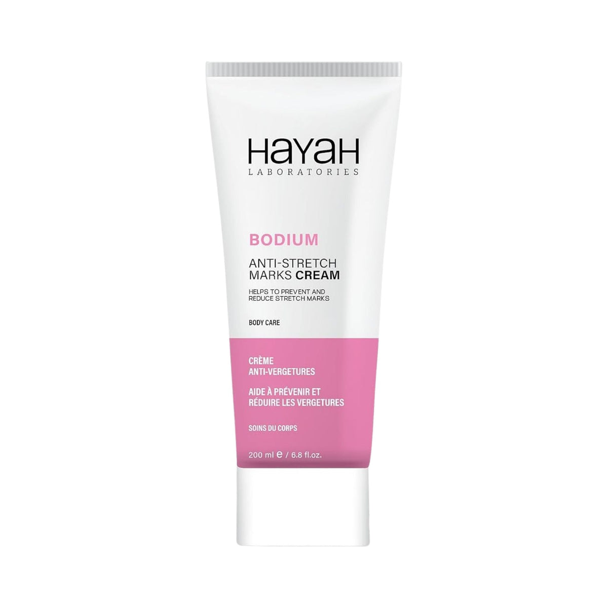 Refect Beauty Hayah Bodium anti-stretch marks cream in a white and pink 200ml squeeze tube for skin elasticity.