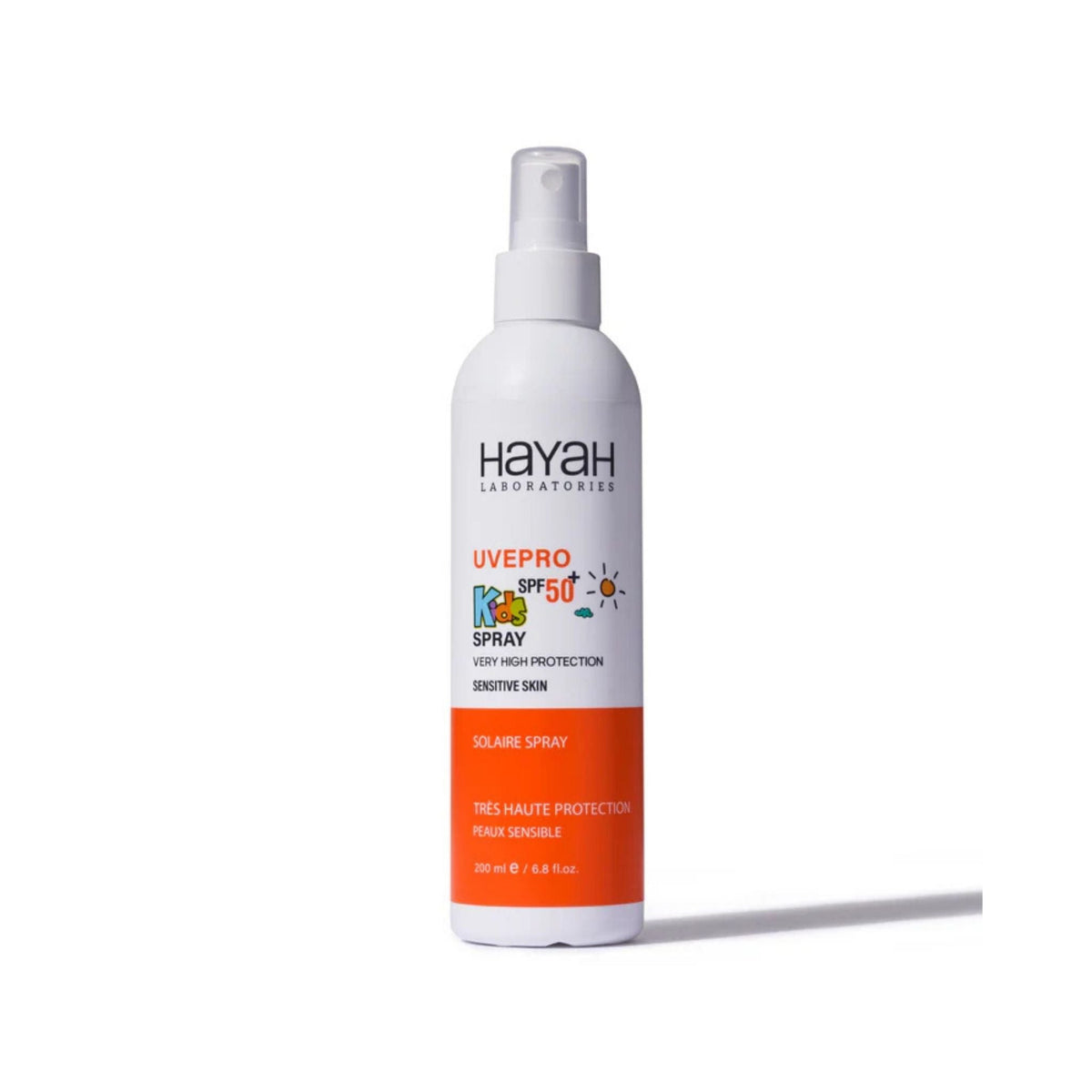 Refect Beauty Hayah UV Pro Kids SPF 50+ sunscreen spray in a 200ml bottle for sensitive skin protection.