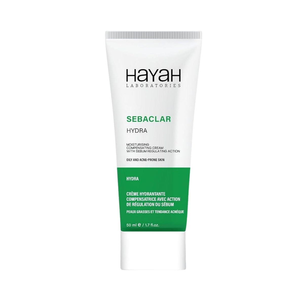 Refect Beauty Hayah Sebaclar Hydra moisturizing cream in a white and green 50ml tube for oily and acne-prone skin.