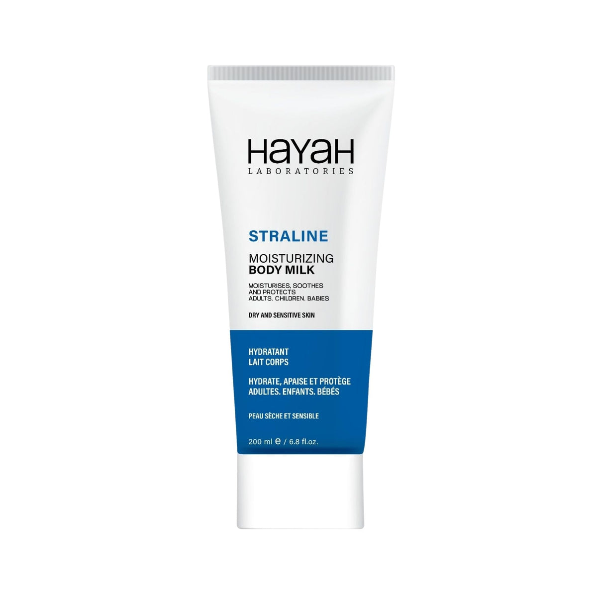 Refect Beauty Hayah Straline Moisturizing Body Milk in a white and blue 200ml squeeze tube for dry sensitive skin