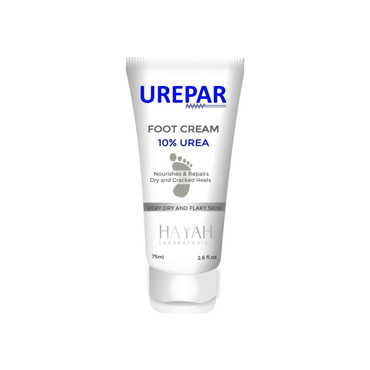 Refect Beauty Hayah Urepar 10% Urea foot cream in a white 75ml tube for repairing dry and cracked heels.