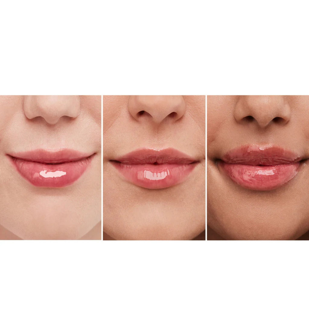 Refect Beauty Bourjois Healthy Mix SOS Lip Oil applied to three different skin tones for a glossy, hydrated finish.