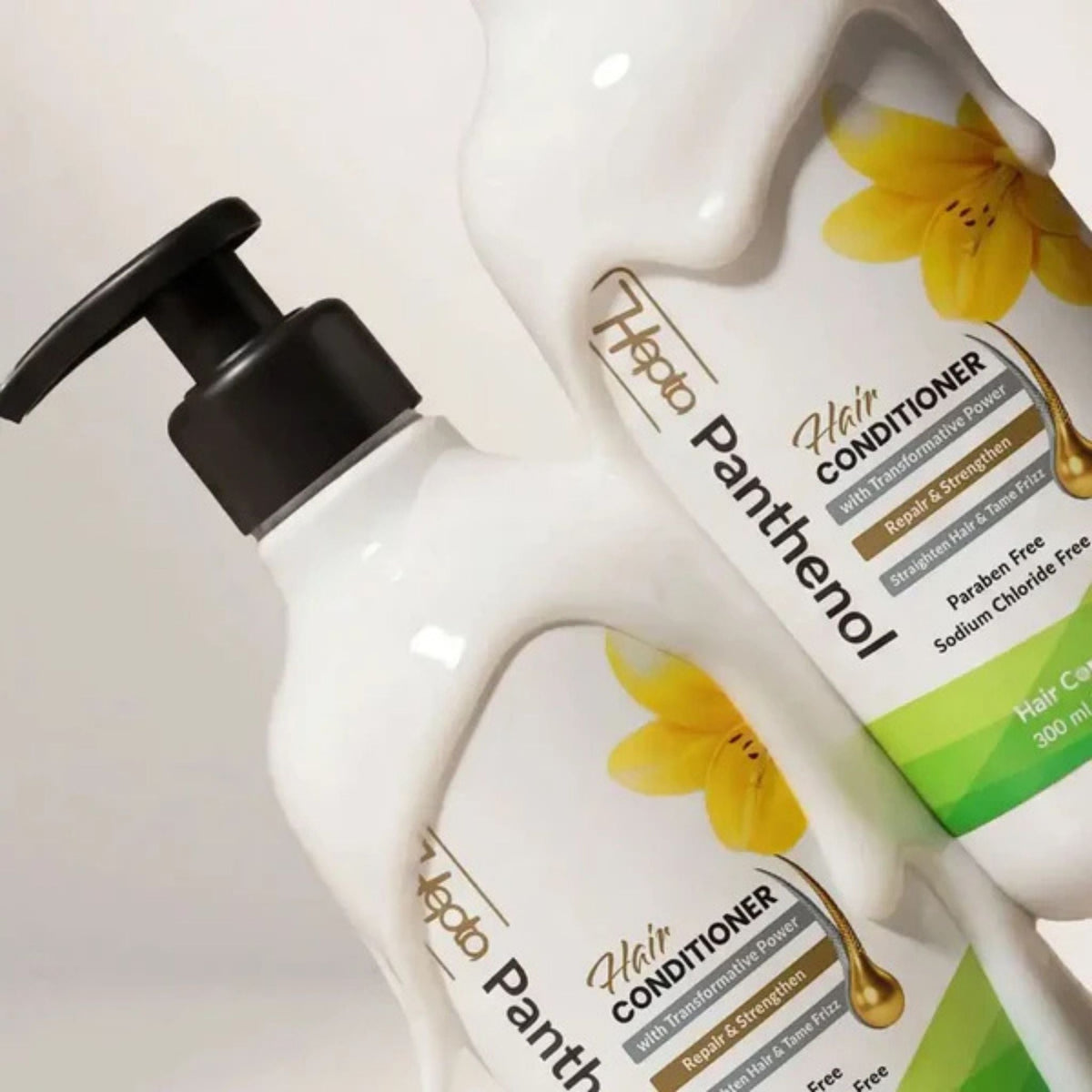 Refect Beauty Hepta Panthenol hair conditioner bottles with white cream texture for repairing and strengthening hair