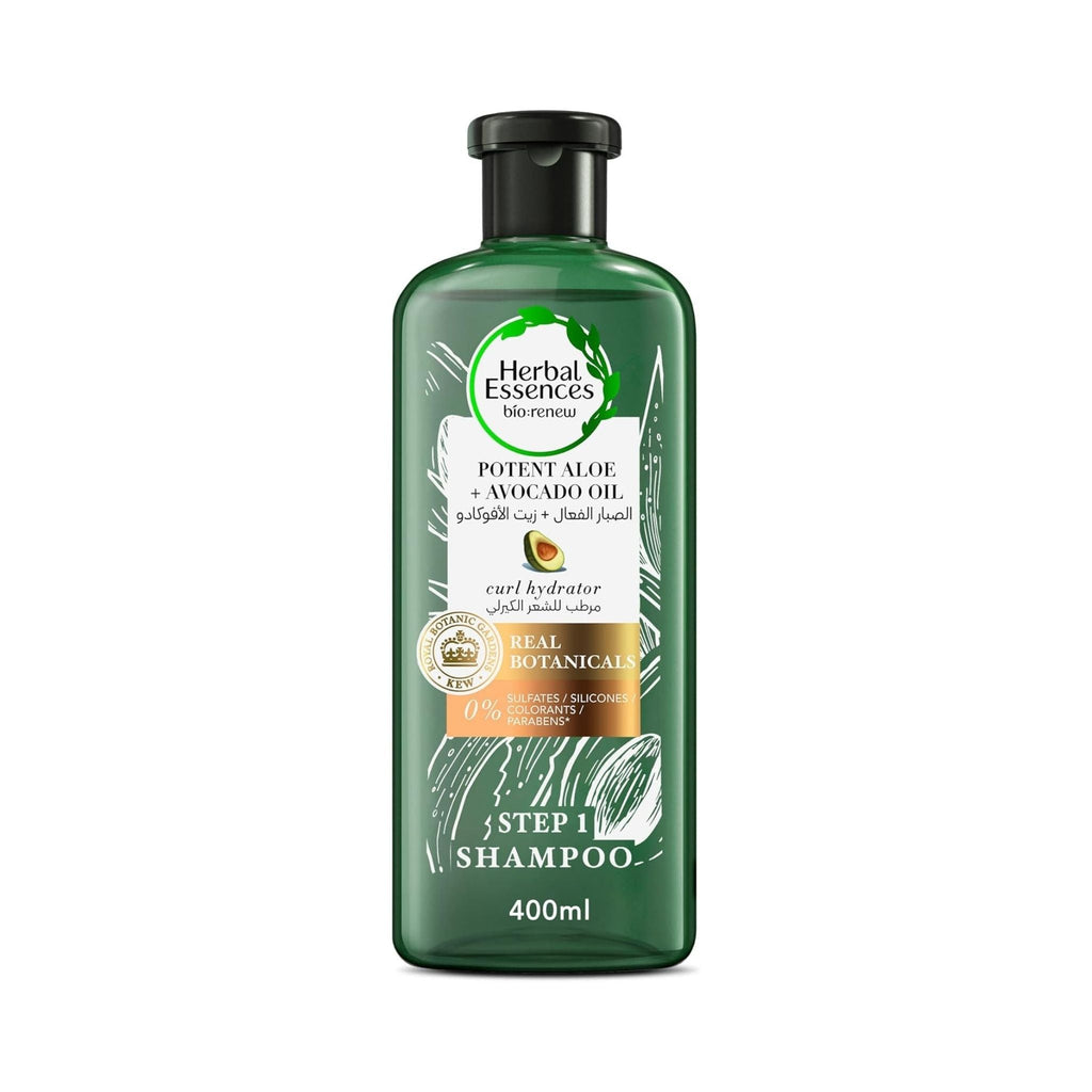 Refect Beauty Herbal Essences Bio:Renew Potent Aloe and Avocado Oil shampoo bottle in green packaging.