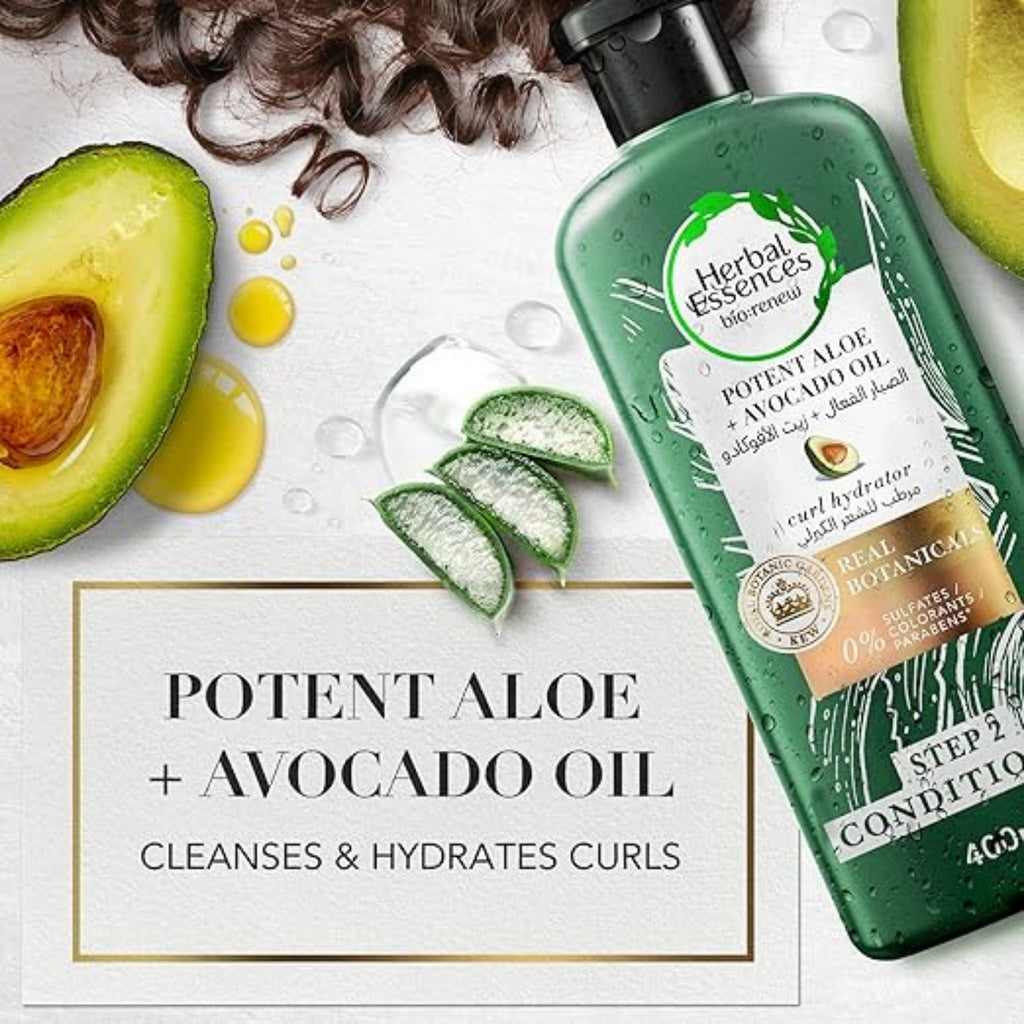 Refect Beauty Herbal Essences Bio:Renew Potent Aloe and Avocado Oil shampoo bottle with fresh avocado and aloe slices.