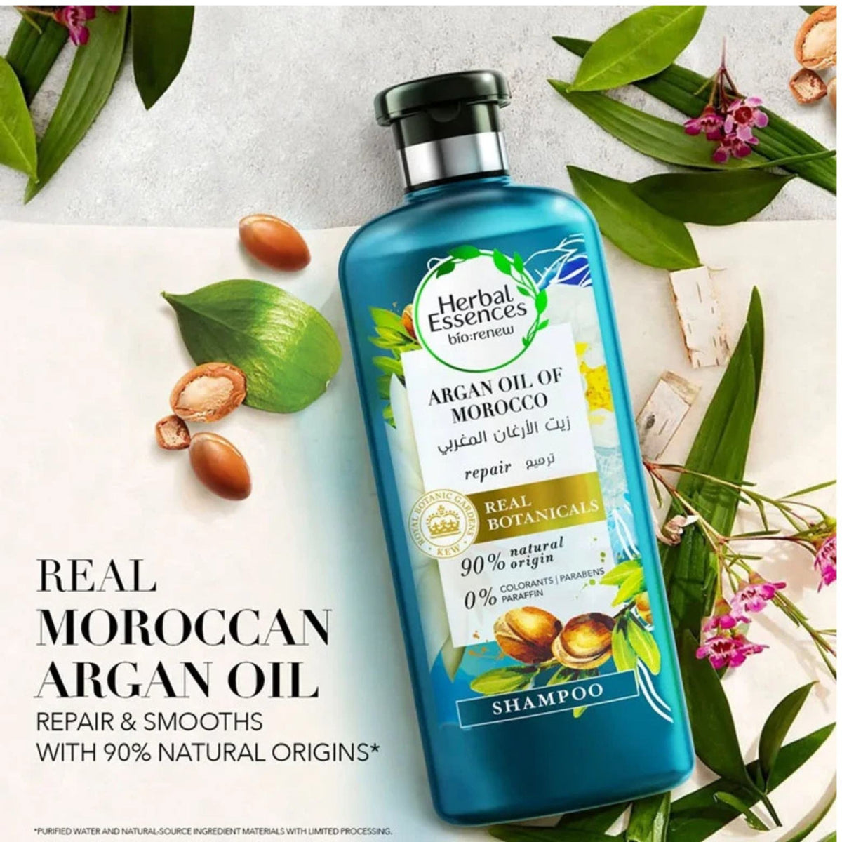 Refect Beauty Herbal Essences Argan Oil of Morocco repair shampoo bottle with natural botanical ingredients.