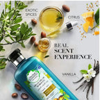 Refect Beauty Herbal Essences Argan Oil of Morocco shampoo bottle surrounded by argan nuts, citrus, and vanilla.